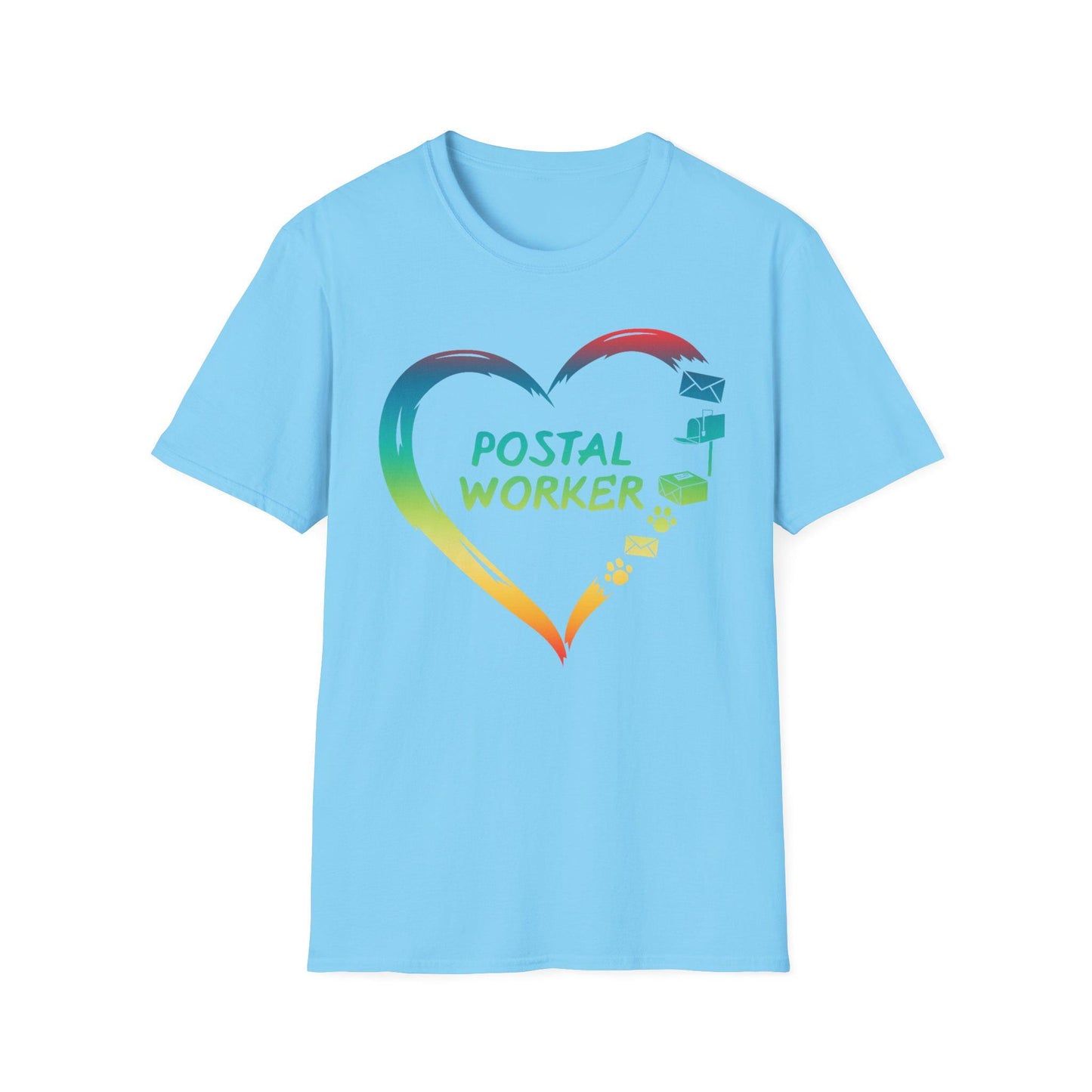 Proud Postal Worker T-Shirt, Unisex Softstyle Tee, Postal Worker Gift, Rainbow Heart Shirt, Appreciation Apparel