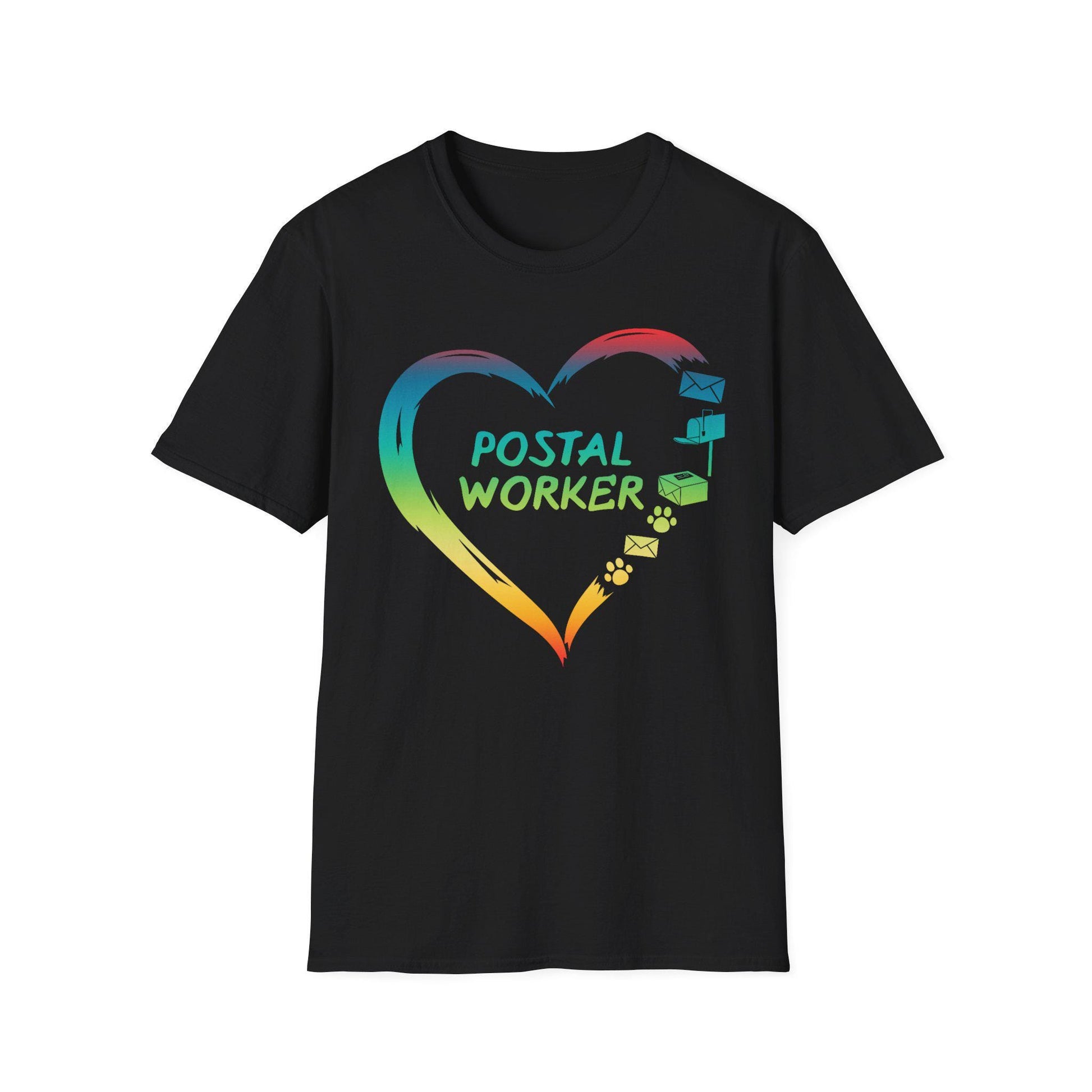 Proud Postal Worker T-Shirt, Unisex Softstyle Tee, Postal Worker Gift, Rainbow Heart Shirt, Appreciation Apparel