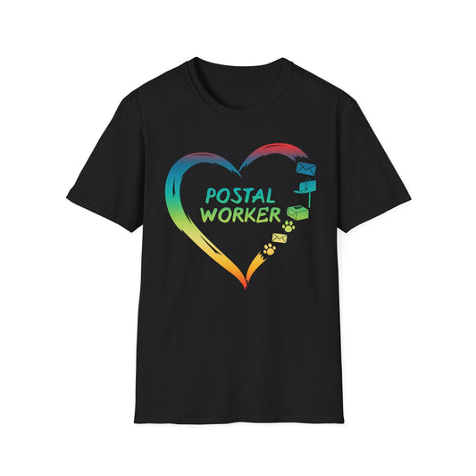 Proud Postal Worker T-Shirt, Unisex Softstyle Tee, Postal Worker Gift, Rainbow Heart Shirt, Appreciation Apparel