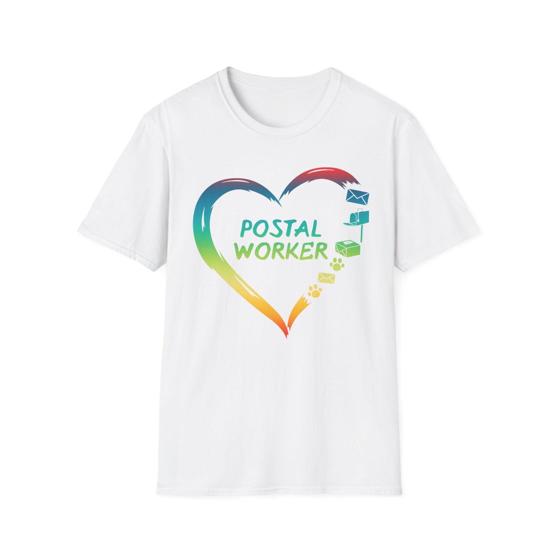 Proud Postal Worker T-Shirt, Unisex Softstyle Tee, Postal Worker Gift, Rainbow Heart Shirt, Appreciation Apparel