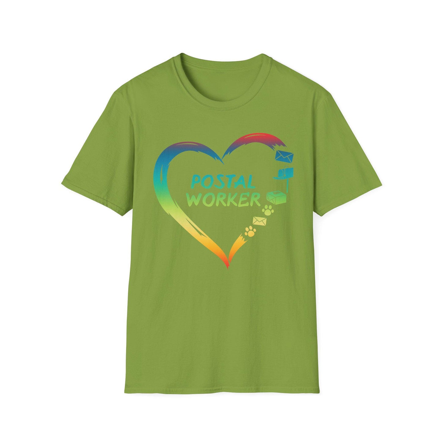 Proud Postal Worker T-Shirt, Unisex Softstyle Tee, Postal Worker Gift, Rainbow Heart Shirt, Appreciation Apparel