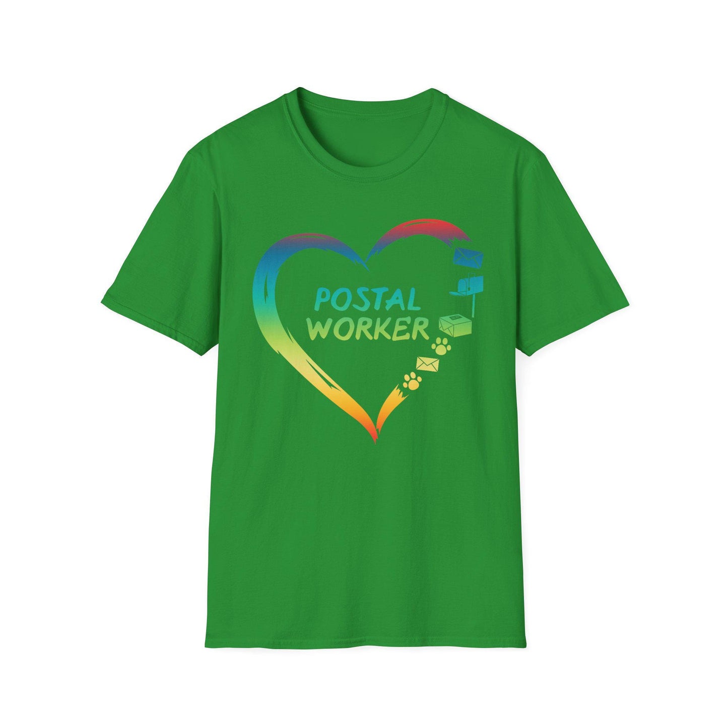 Proud Postal Worker T-Shirt, Unisex Softstyle Tee, Postal Worker Gift, Rainbow Heart Shirt, Appreciation Apparel