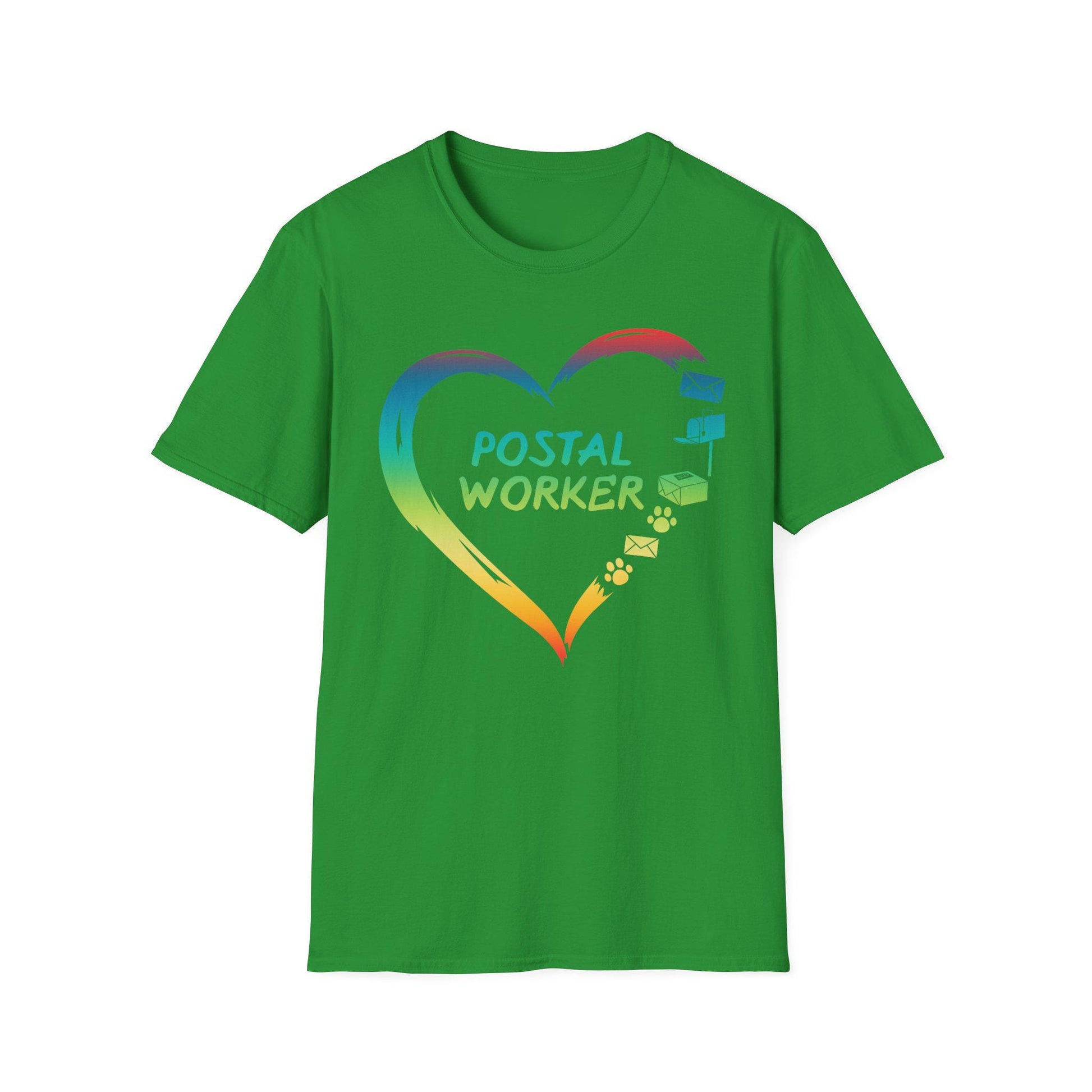 Proud Postal Worker T-Shirt, Unisex Softstyle Tee, Postal Worker Gift, Rainbow Heart Shirt, Appreciation Apparel