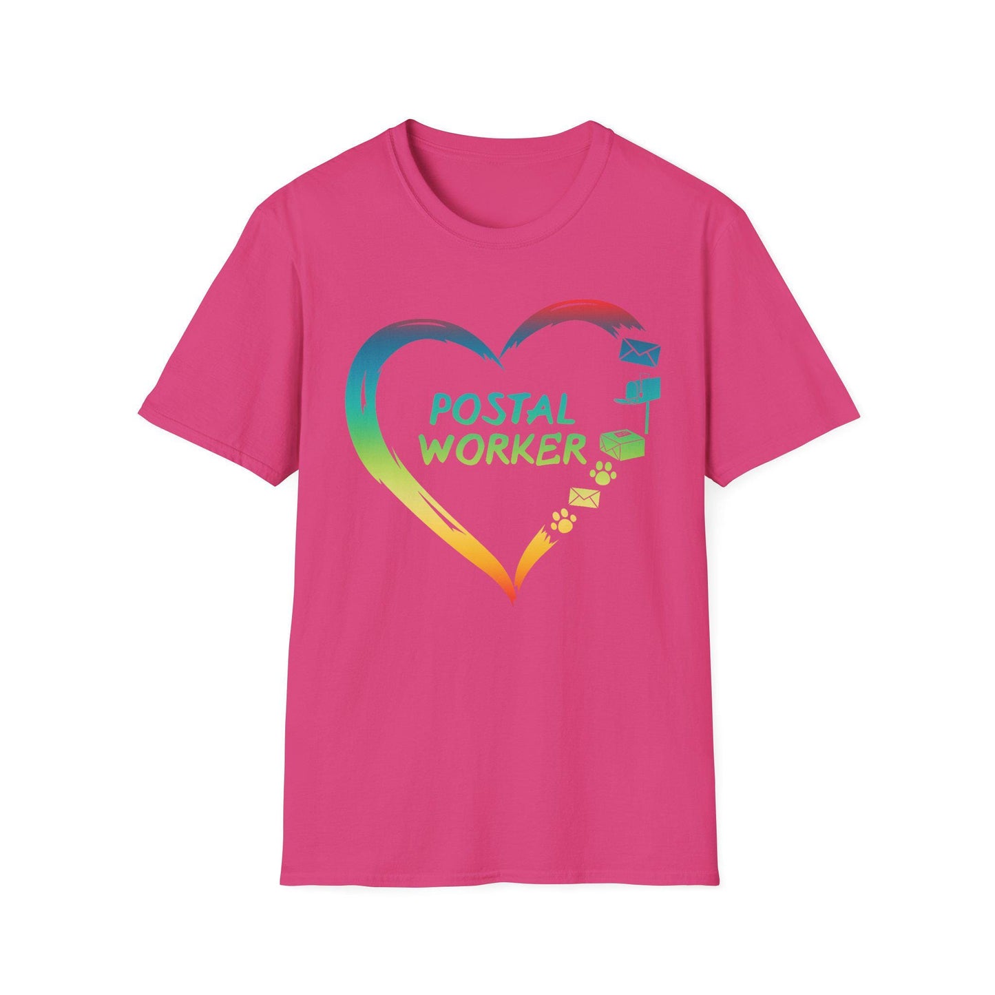 Proud Postal Worker T-Shirt, Unisex Softstyle Tee, Postal Worker Gift, Rainbow Heart Shirt, Appreciation Apparel