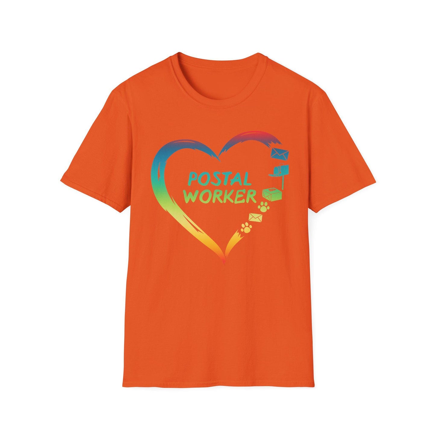 Proud Postal Worker T-Shirt, Unisex Softstyle Tee, Postal Worker Gift, Rainbow Heart Shirt, Appreciation Apparel