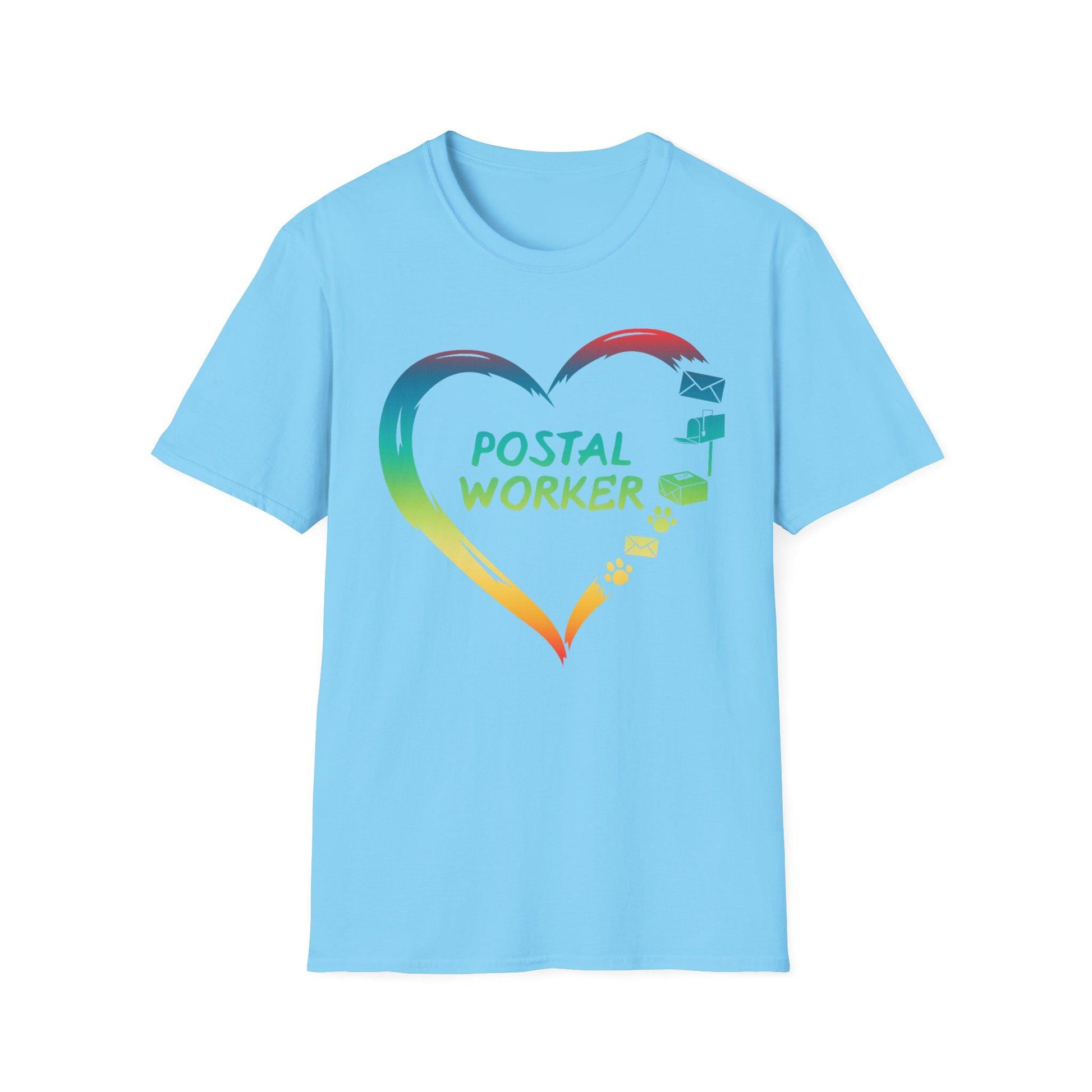 Proud Postal Worker T-Shirt, Unisex Softstyle Tee, Postal Worker Gift, Rainbow Heart Shirt, Appreciation Apparel