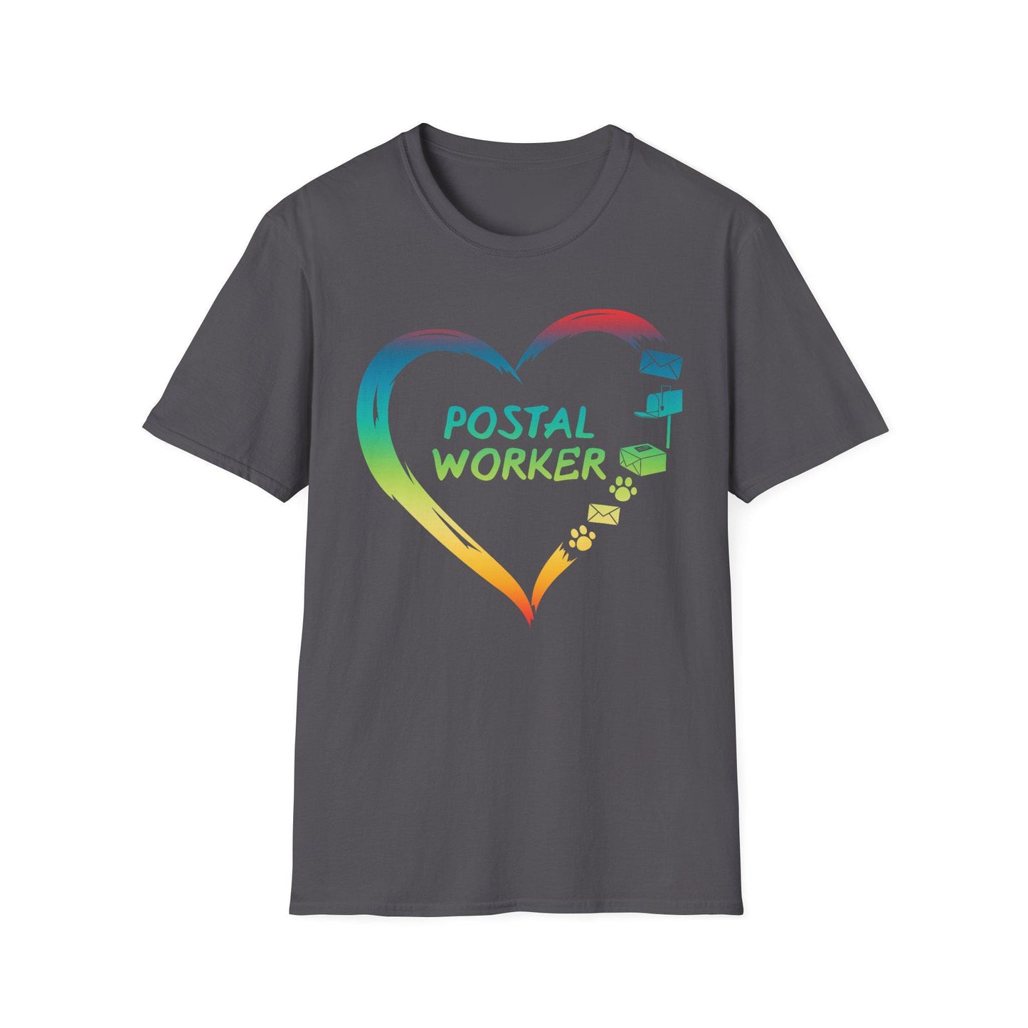 Proud Postal Worker T-Shirt, Unisex Softstyle Tee, Postal Worker Gift, Rainbow Heart Shirt, Appreciation Apparel